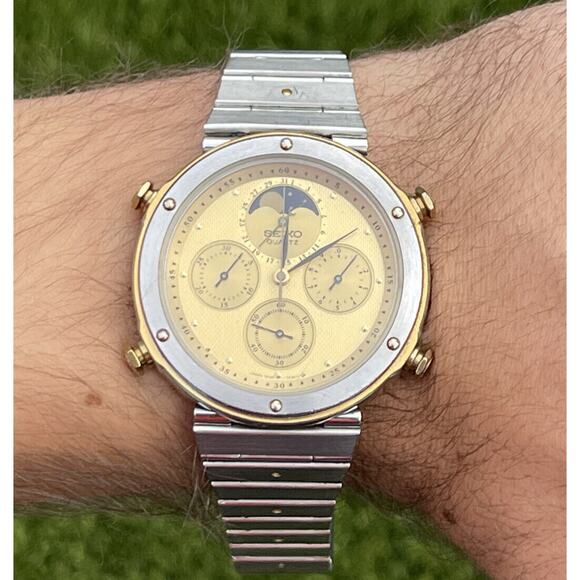 Vtg 7a48-7010 Seiko Chronograph Rare Orig. Bracelet Chrono Repair Moon Phase JDM - Picture 4 of 12